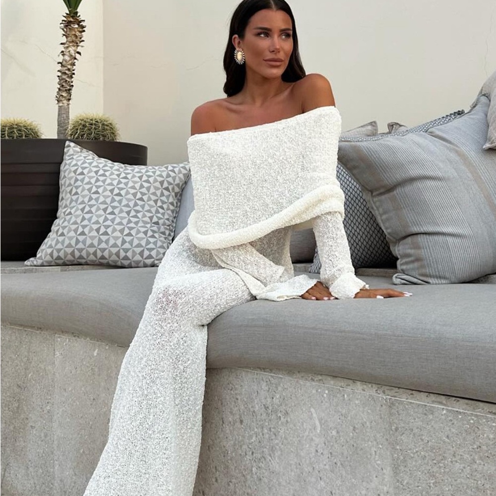Meshki Ivory Boucle Off-Shoulder Dress